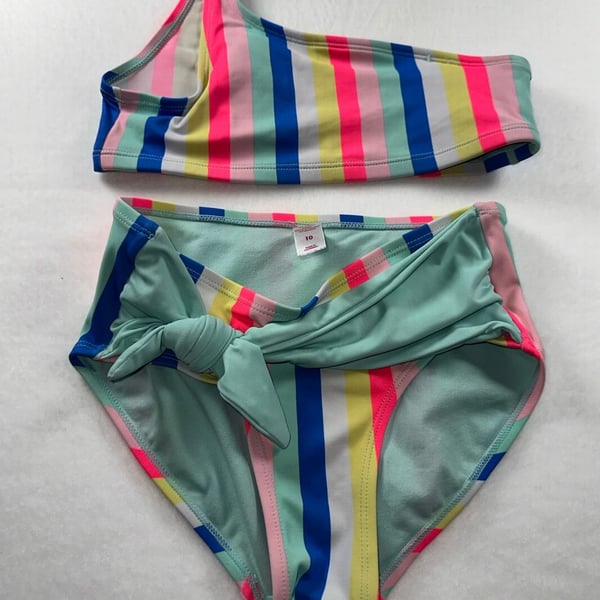 Justice Girls One Shoulder Candy Stripe High-Waist Tie Bikini Set Size 10