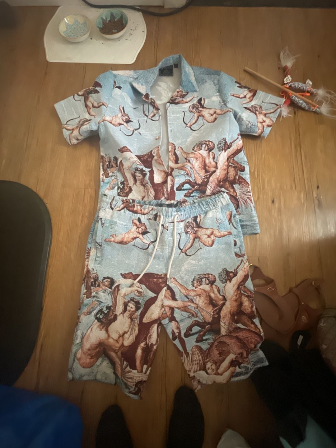 Rebel Vengeance Tapestry Cupid and Angel Print Matching Button-Up Shirt and Shorts Set 1