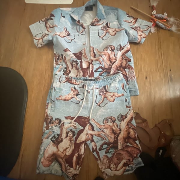 Rebel Vengeance Tapestry Cupid and Angel Print Matching Button-Up Shirt and Shorts Set