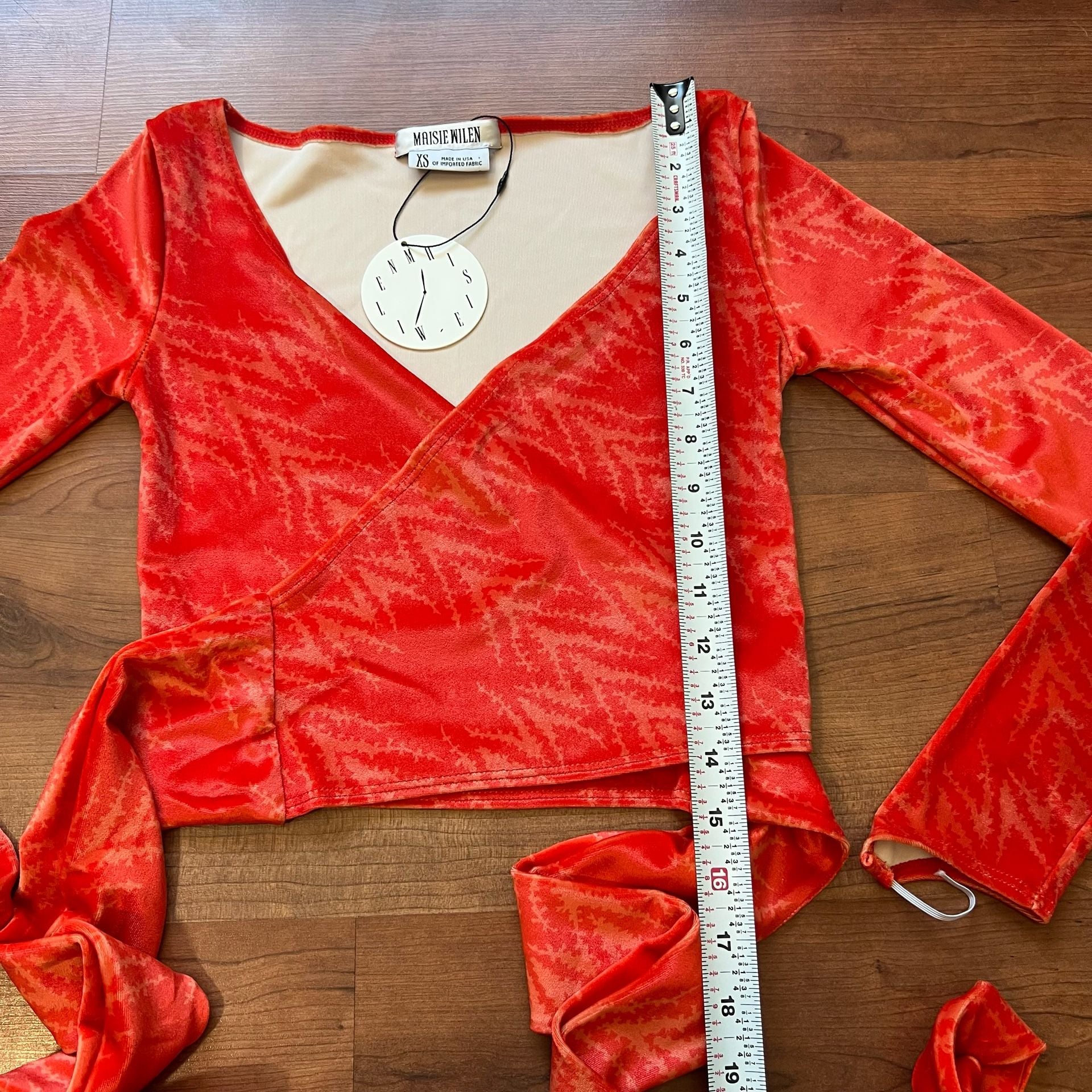 Maisie Wilen Dramady Orange Print Velour Wrap Top XS 7
