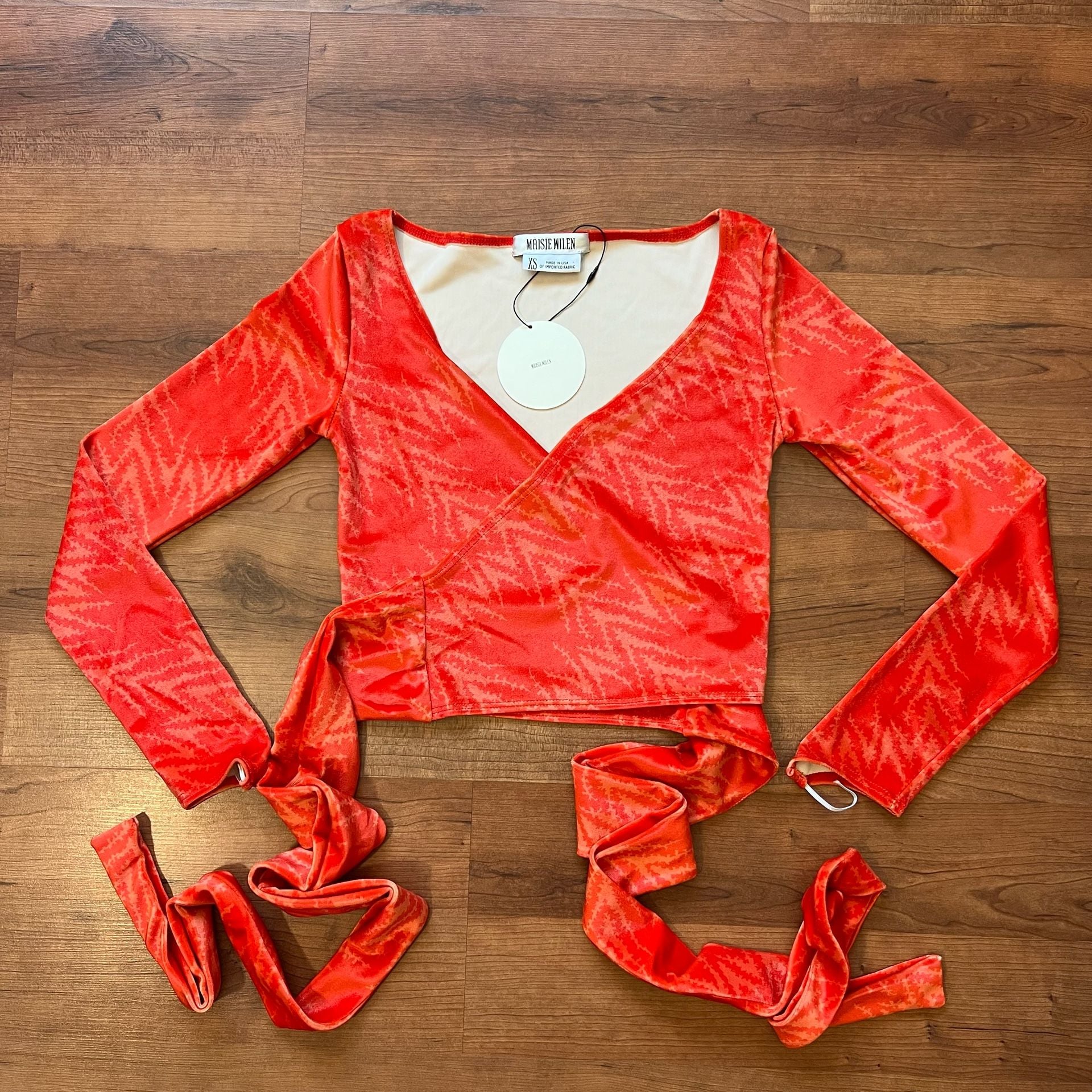 Maisie Wilen Dramady Orange Print Velour Wrap Top XS 11