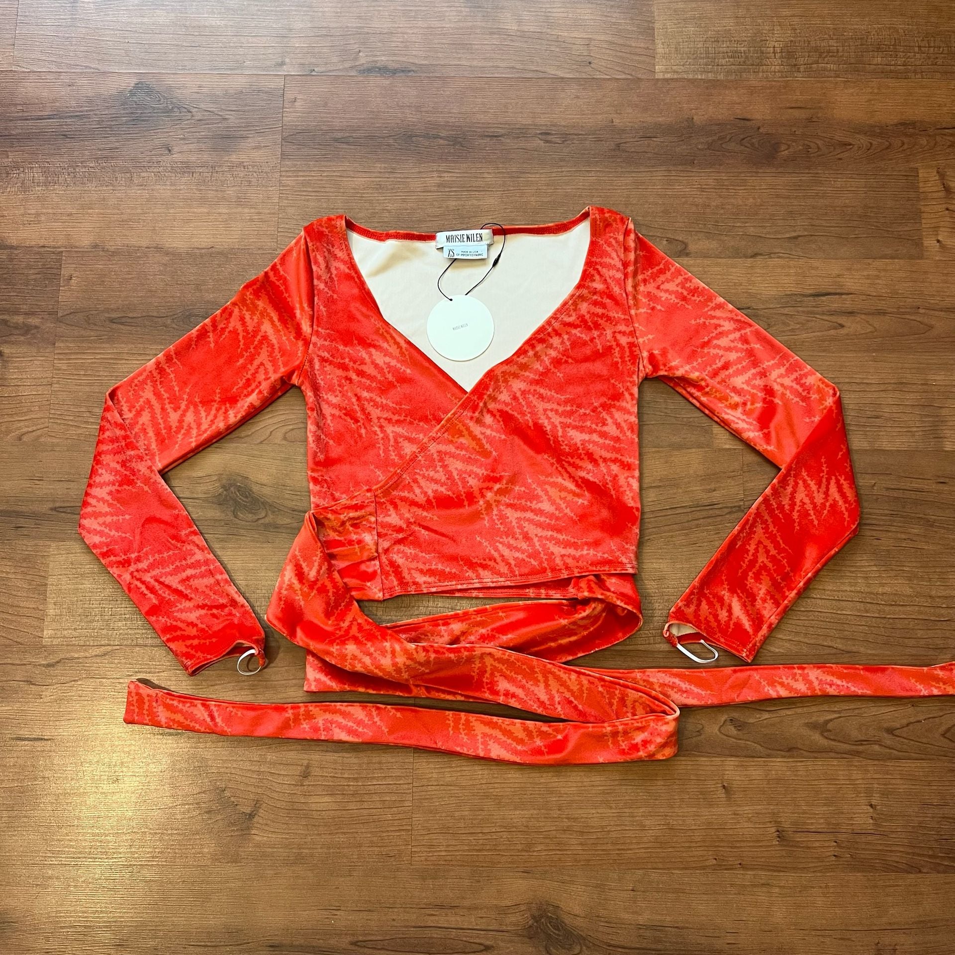 Maisie Wilen Dramady Orange Print Velour Wrap Top XS 12