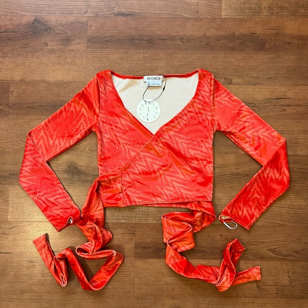 Maisie Wilen Dramady Orange Print Velour Wrap Top XS