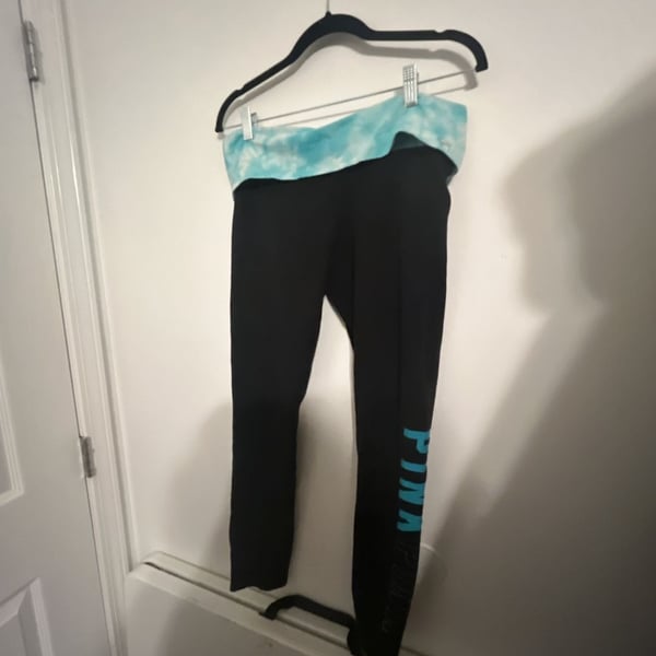 Victoria's Secret PINK Yoga Foldover Waist Leggings with Blue Tie-Dye Detail