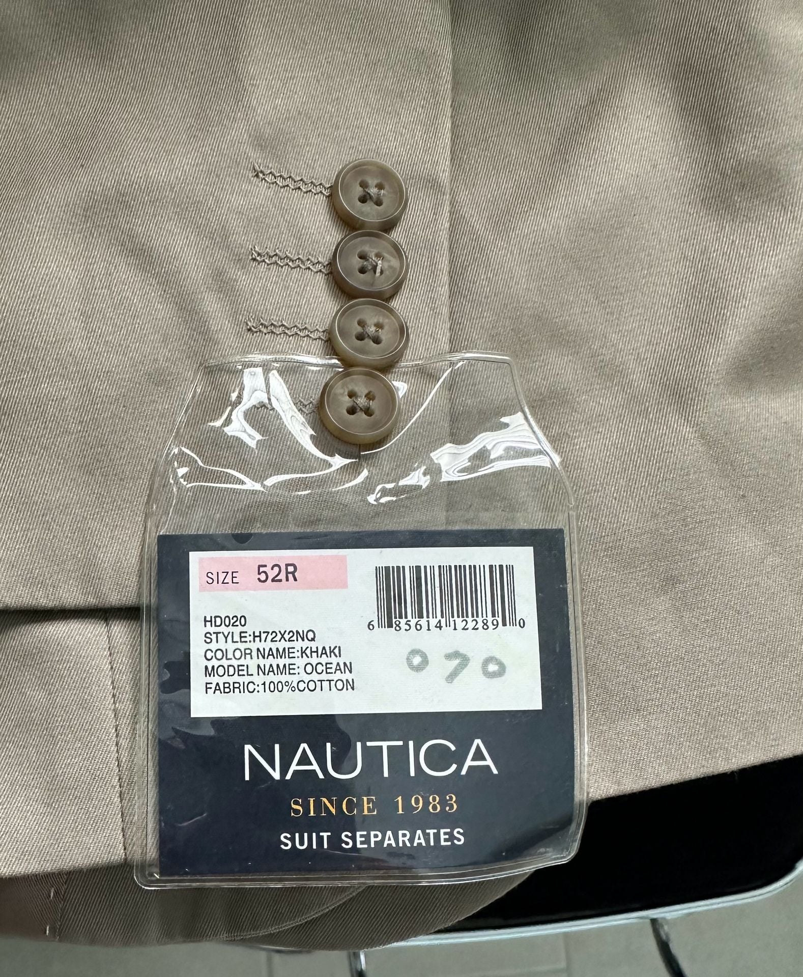 Nautica Ocean Suit Separate Coat, Men's Khaki 100% Cotton, Size 52R 2
