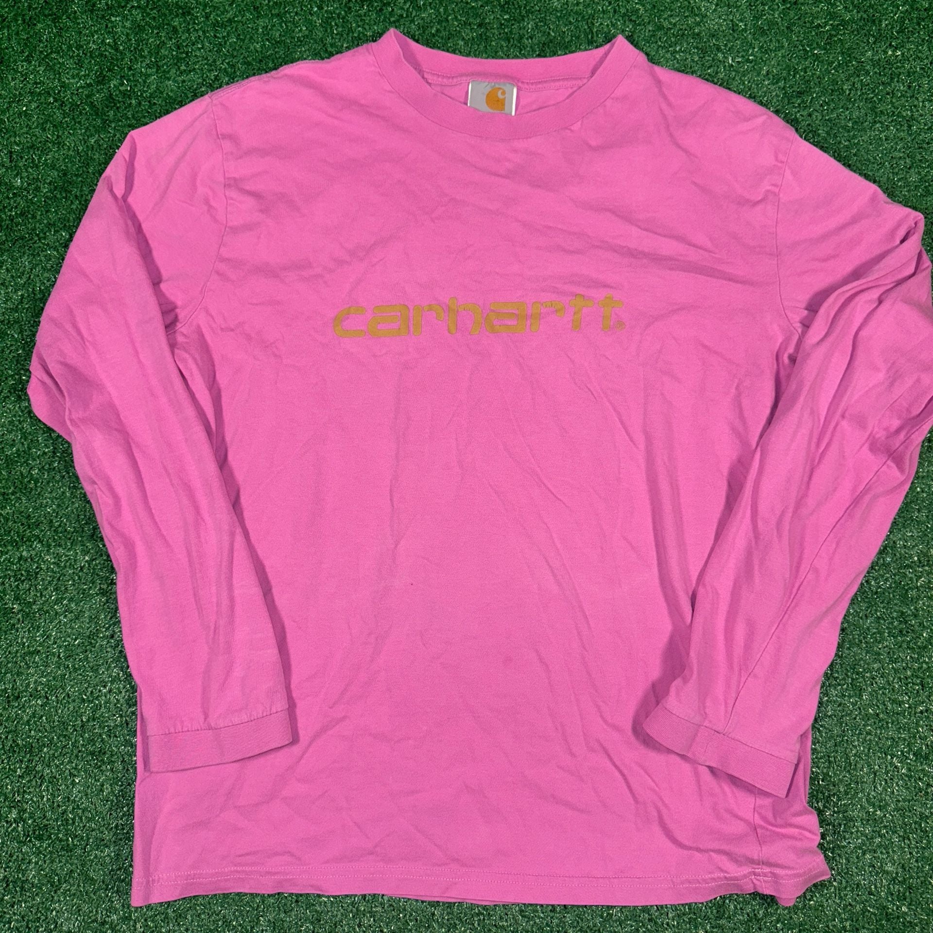 Vintage Carhartt Women's Long Sleeve Graphic Logo T-Shirt in Pink 2
