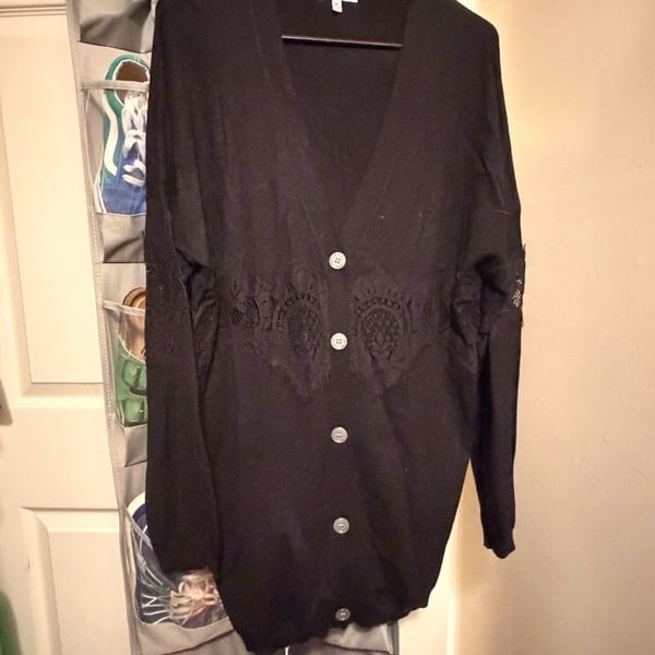 White Birch Black Long Sleeve Cardigan with Lace Detail