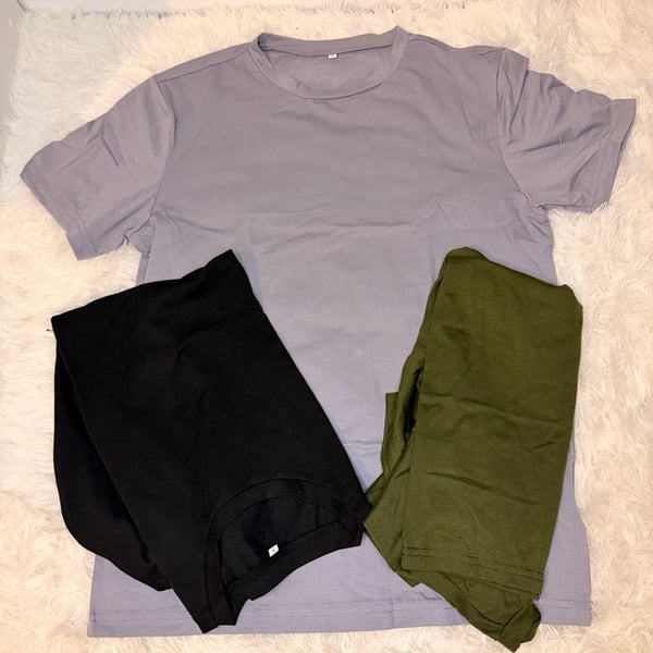 Set of 3 Men's Basic Crew Neck Short  T-Shirts in Grey, Black, and Olive Green