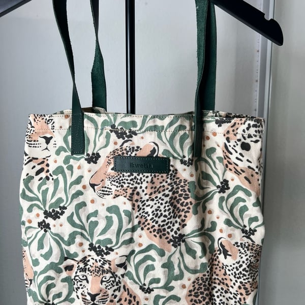Ikwetta Leopard Print Canvas Tote Bag with Green Handles