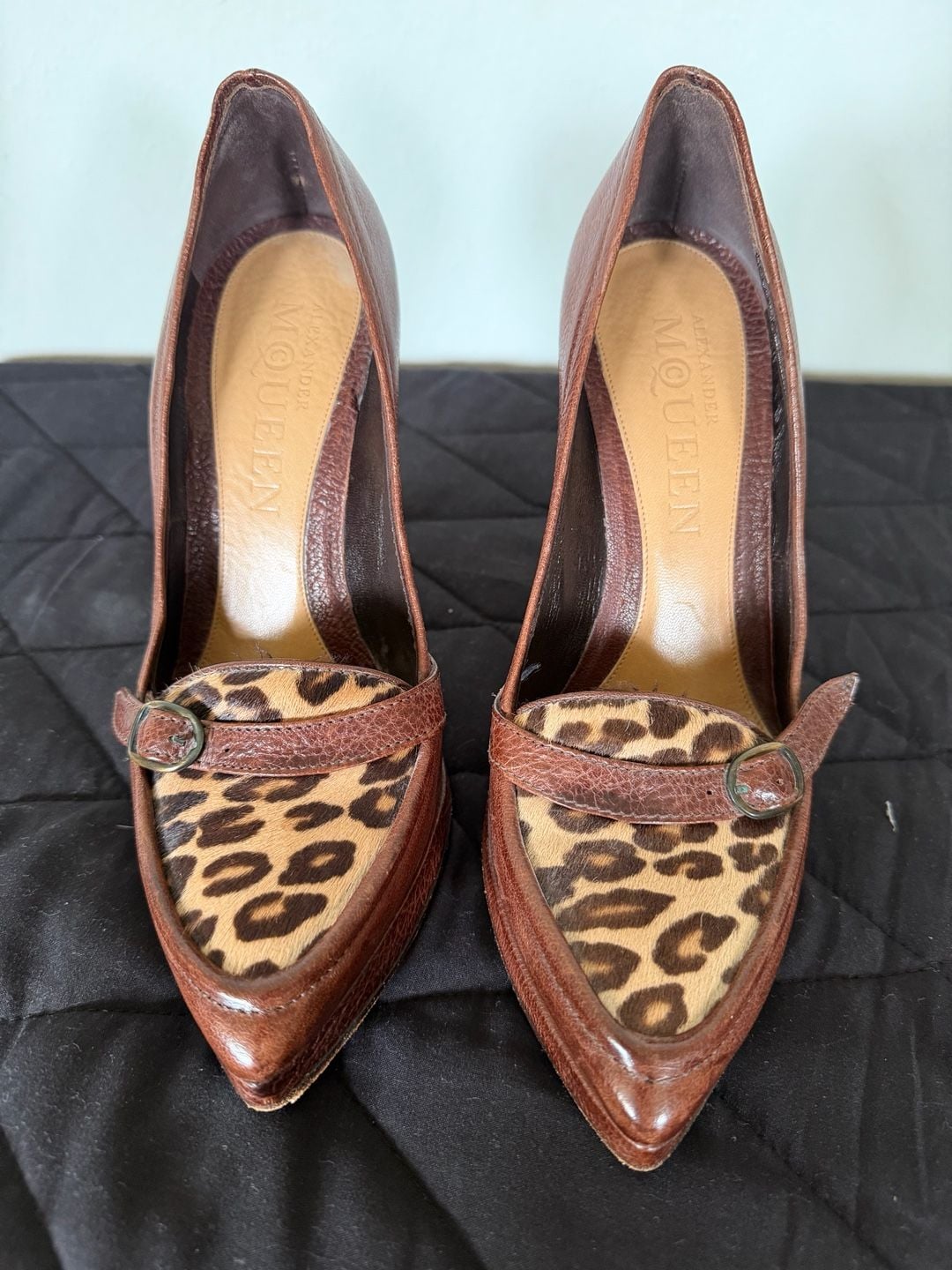 Alexander McQueen Brown Leather and Leopard Print Calf Hair Pointed Toe Platform Heels 2
