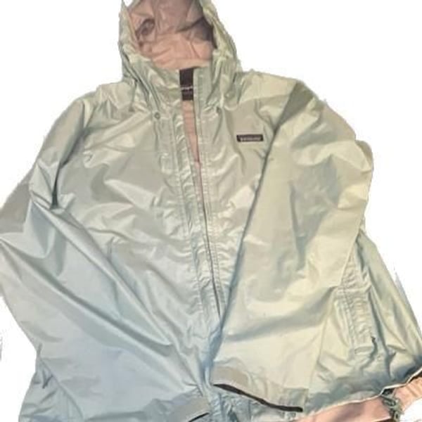 Patagonia Womens M Light Blue Hooded Full Zip Windbreaker Jacket Long