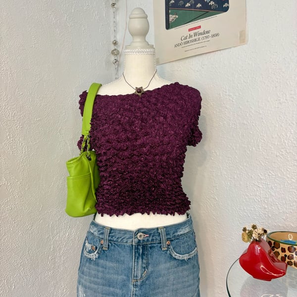 Vintage Radiance Popcorn Texture Crinkle Short Sleeve Top