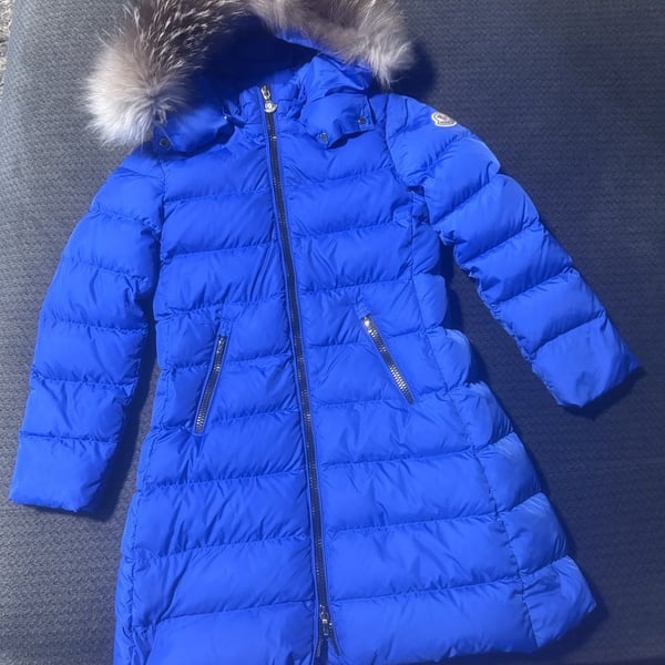 Moncler Enfant Abelle Long Down Puffer Coat with Fur Hood Girls size 8