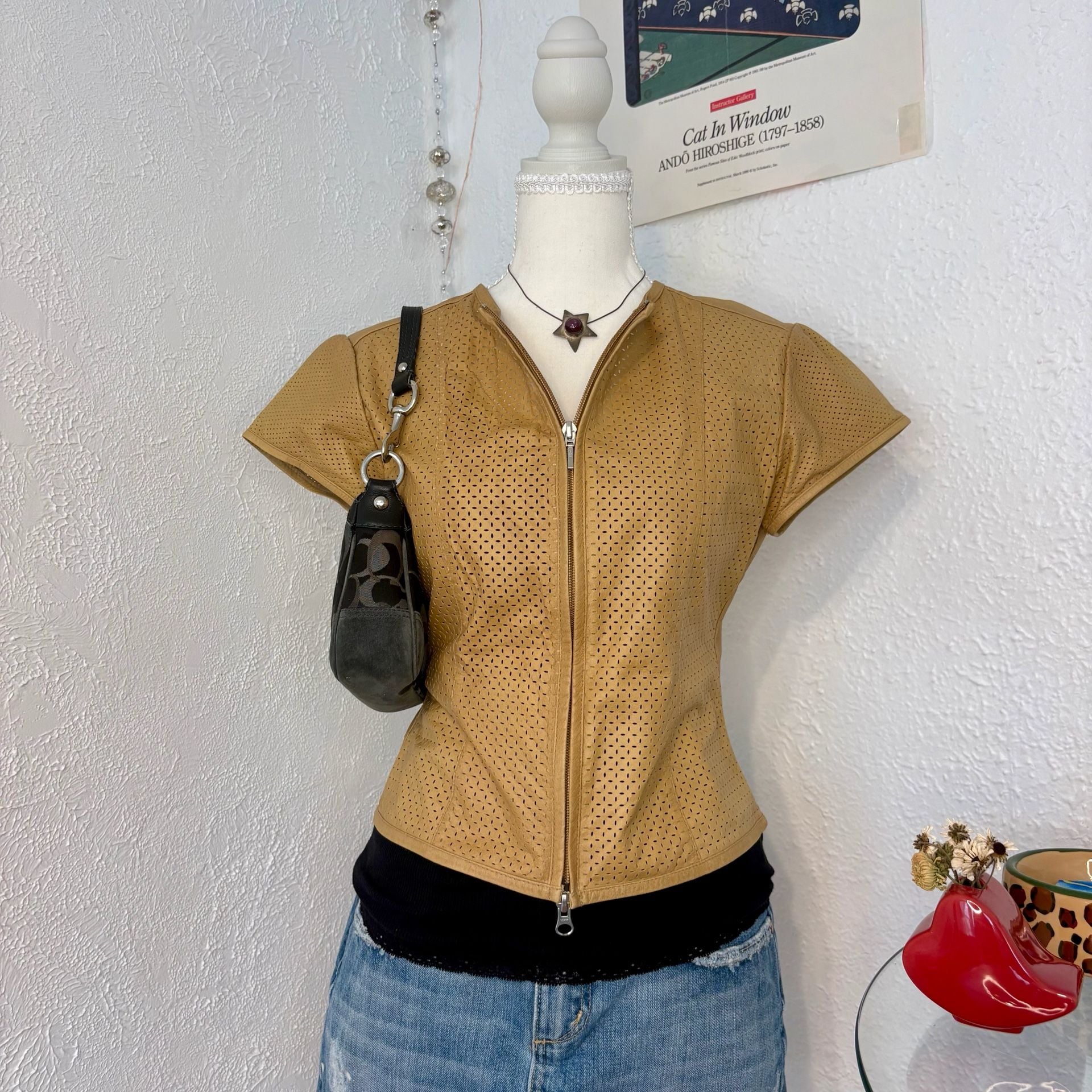 Moda International Women's Tan Perforated 100% Leather Short Sleeve Zip-Up Jacket 2
