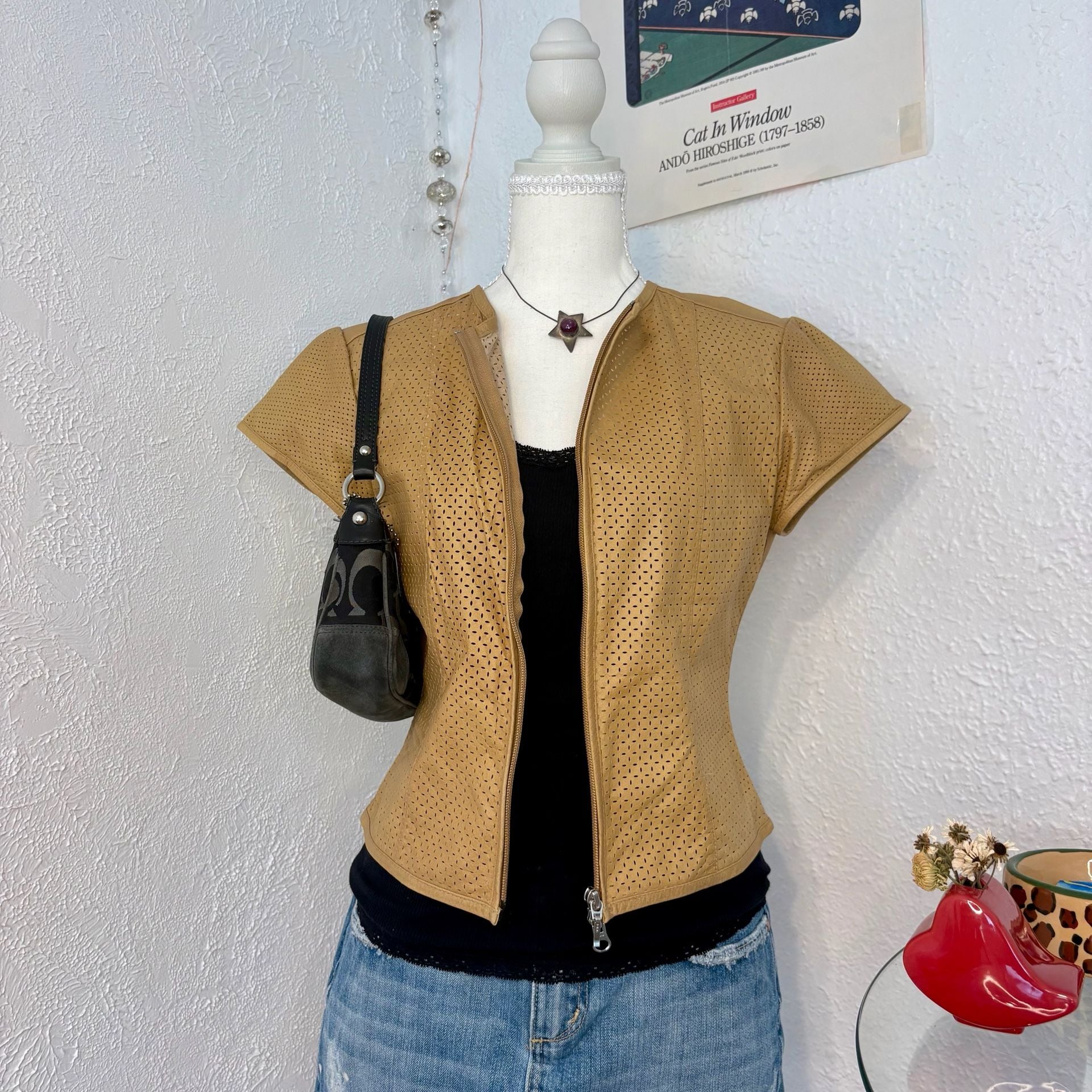 Moda International Women's Tan Perforated 100% Leather Short Sleeve Zip-Up Jacket 3