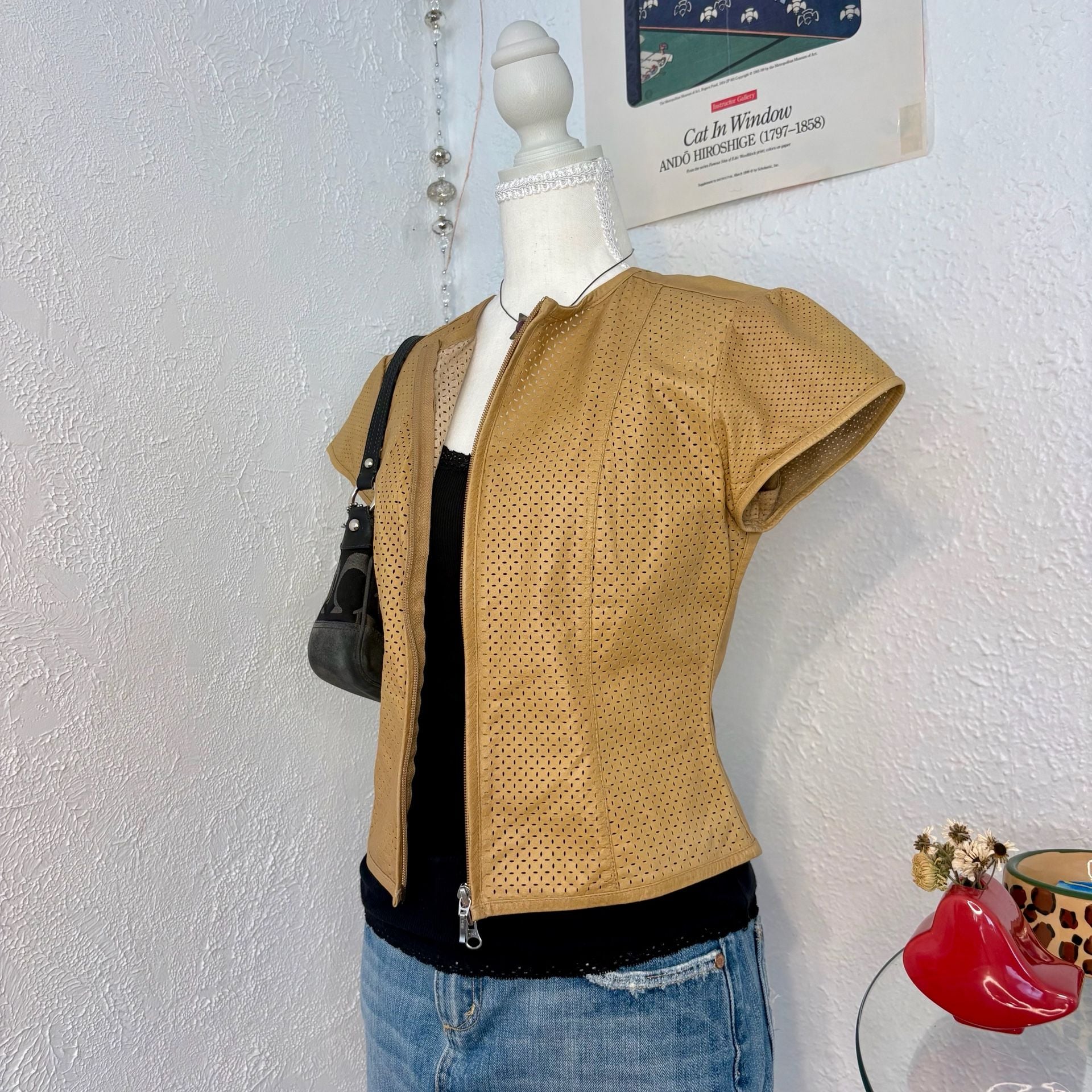 Moda International Women's Tan Perforated 100% Leather Short Sleeve Zip-Up Jacket 4