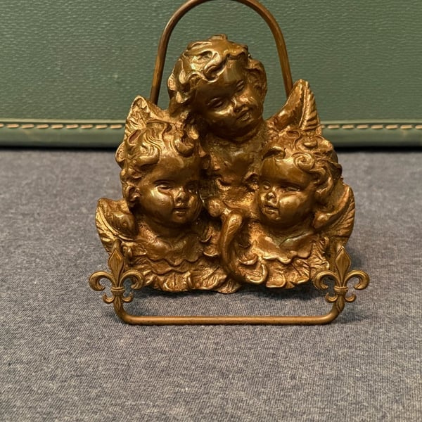 Vintage Ornate Three Cherub Faces Gold-Tone Cast Metal Wall Decor Plaque