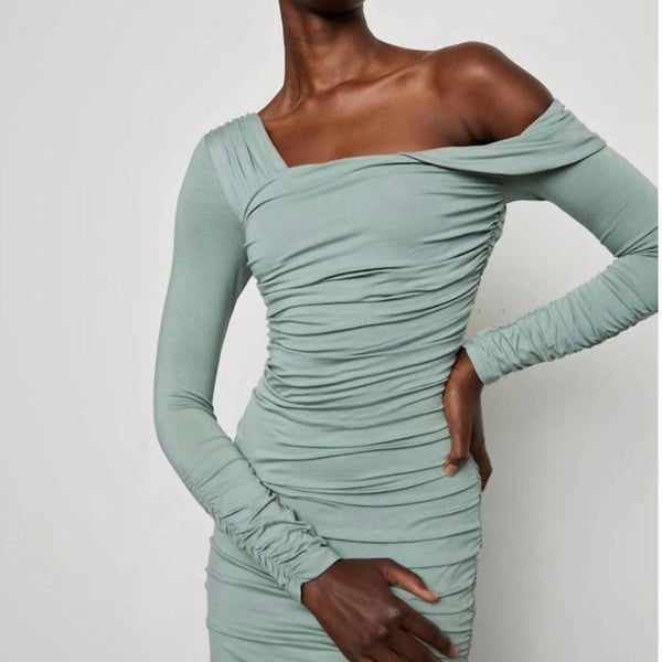 Bailey 44 Women's Long Sleeve Off-Shoulder Ruched Bodycon Mini Dress in Sage Green