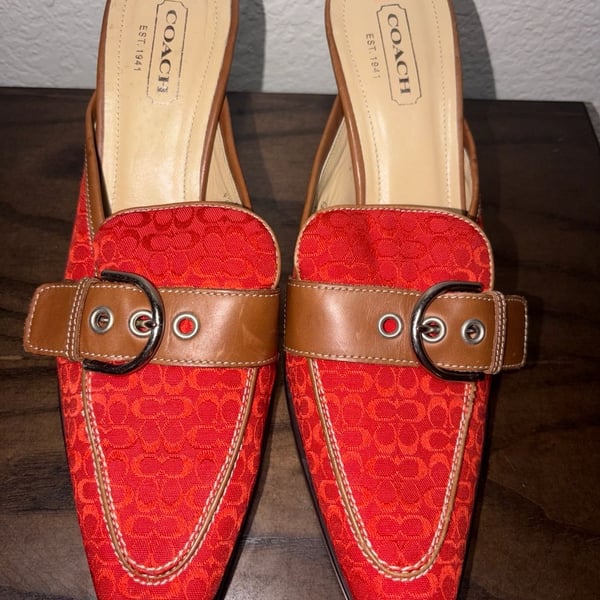 Vintage Coach Signature Jacquard Monogram Mule Heels with Leather Buckle Detail