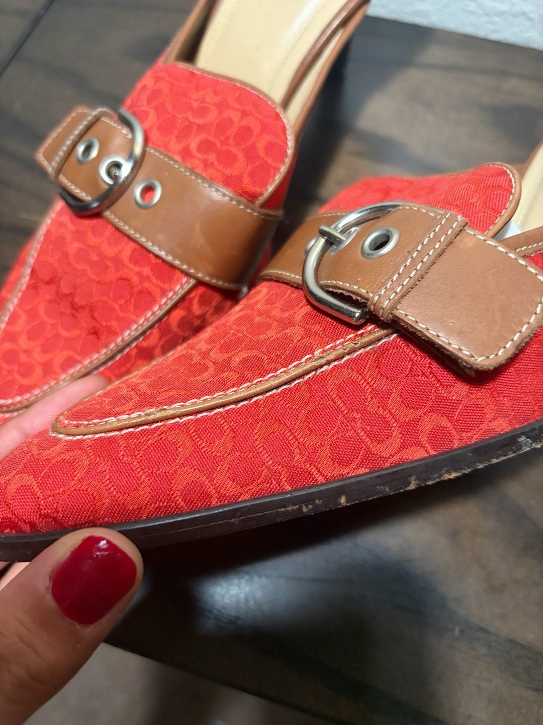 Vintage Coach Signature Jacquard Monogram Mule Heels with Leather Buckle Detail 7