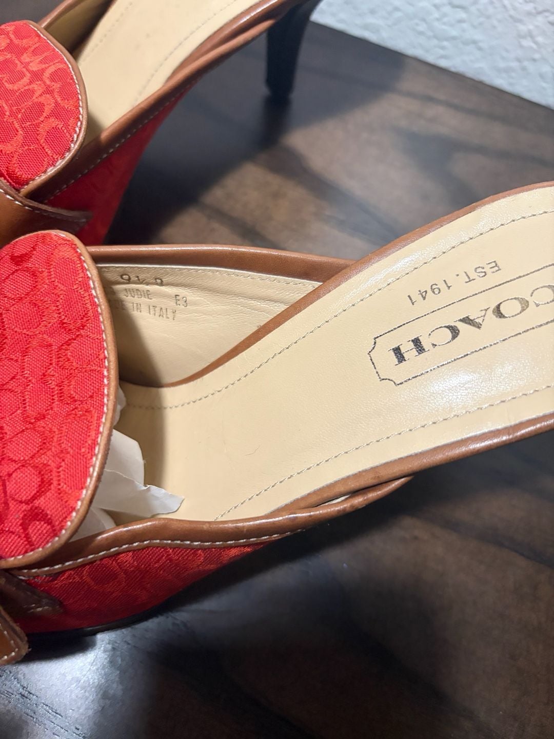 Vintage Coach Signature Jacquard Monogram Mule Heels with Leather Buckle Detail 8