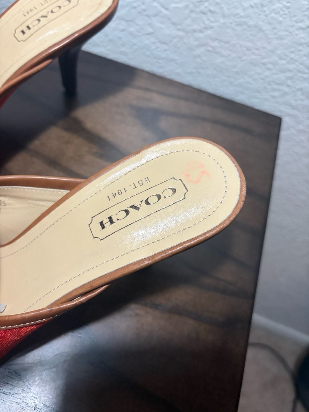 Vintage Coach Signature Jacquard Monogram Mule Heels with Leather Buckle Detail 9