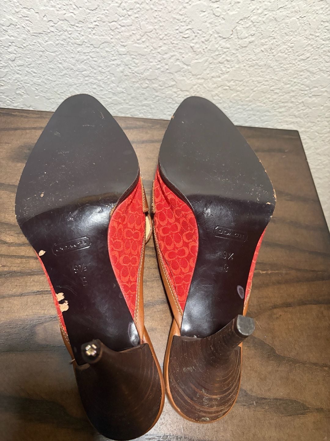 Vintage Coach Signature Jacquard Monogram Mule Heels with Leather Buckle Detail 10