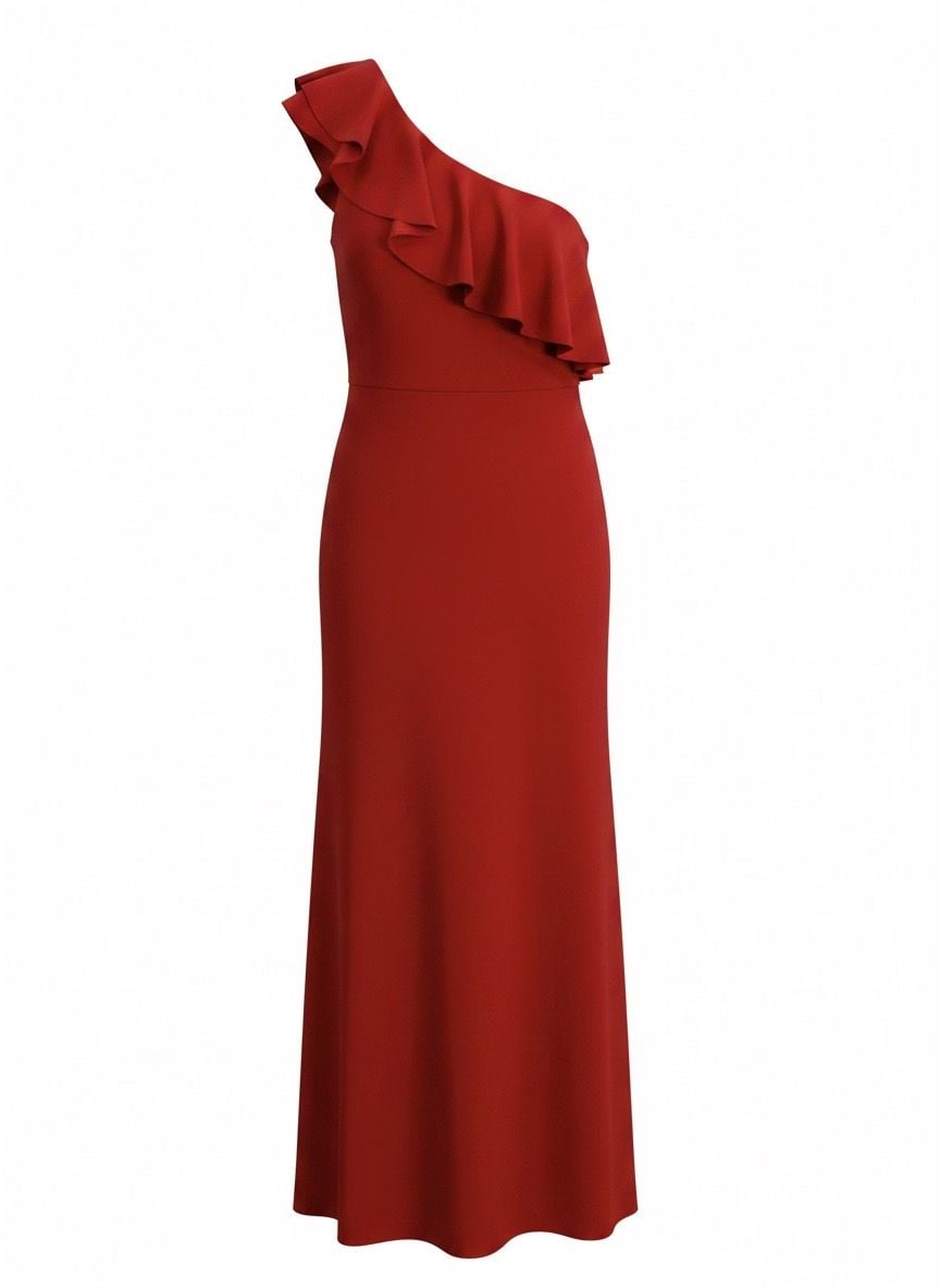 Calvin Klein Women's Red One-Shoulder Ruffle Gown Size 8 2