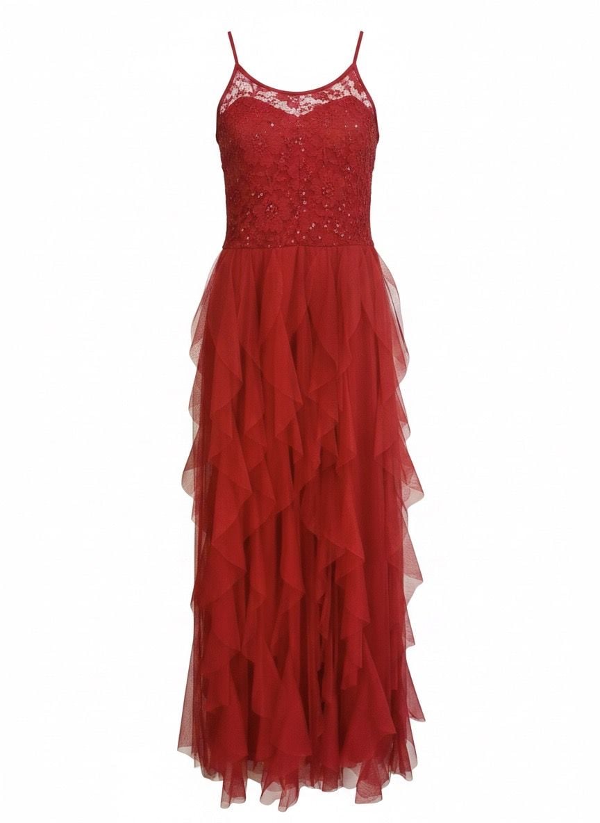 City Studios Red Lace and Tulle Ruffle Maxi Dress 2