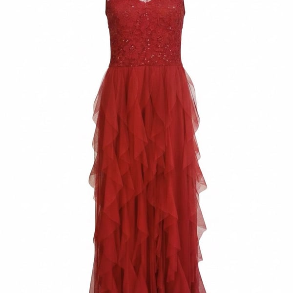 City Studios Red Lace and Tulle Ruffle Maxi Dress