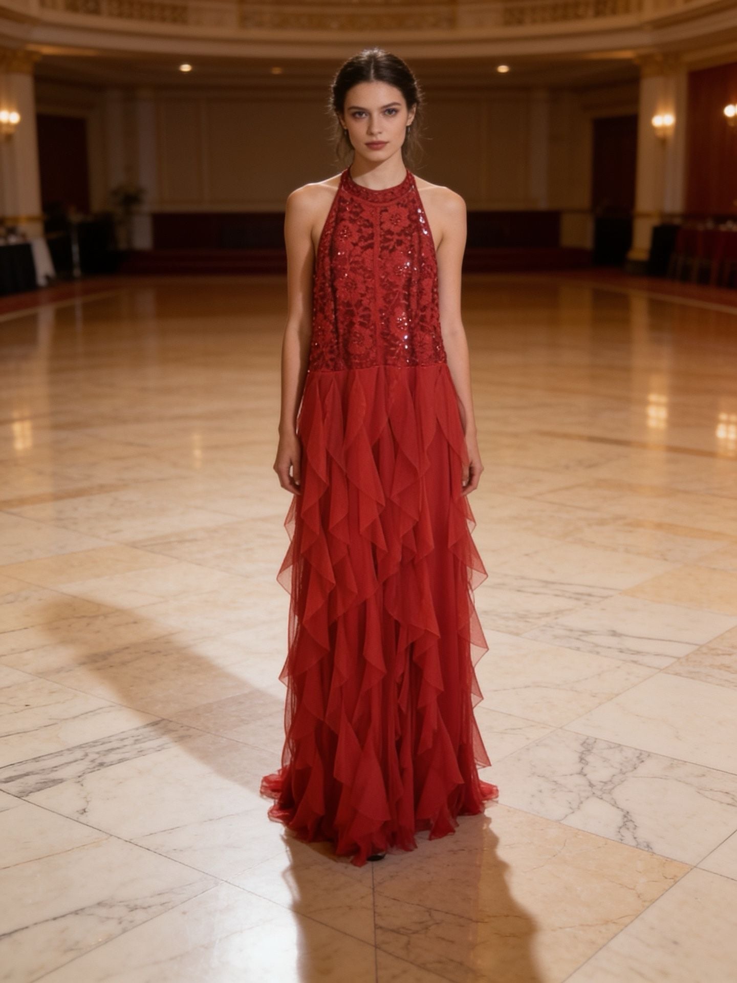 City Studios Red Lace and Tulle Ruffle Maxi Dress 3