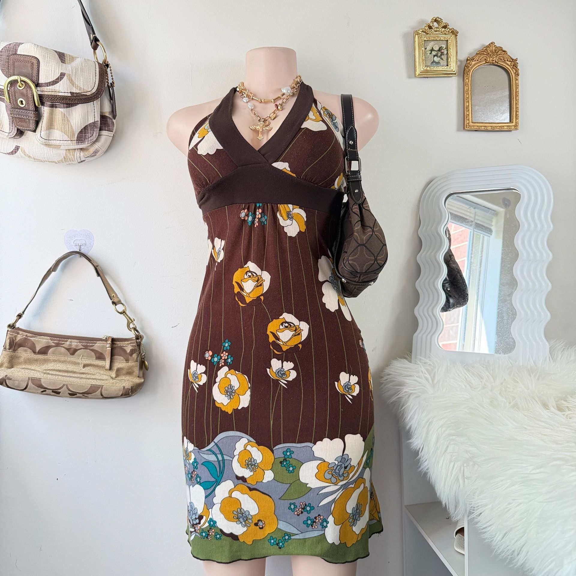 Y2K Brown Floral Halter Dress 2