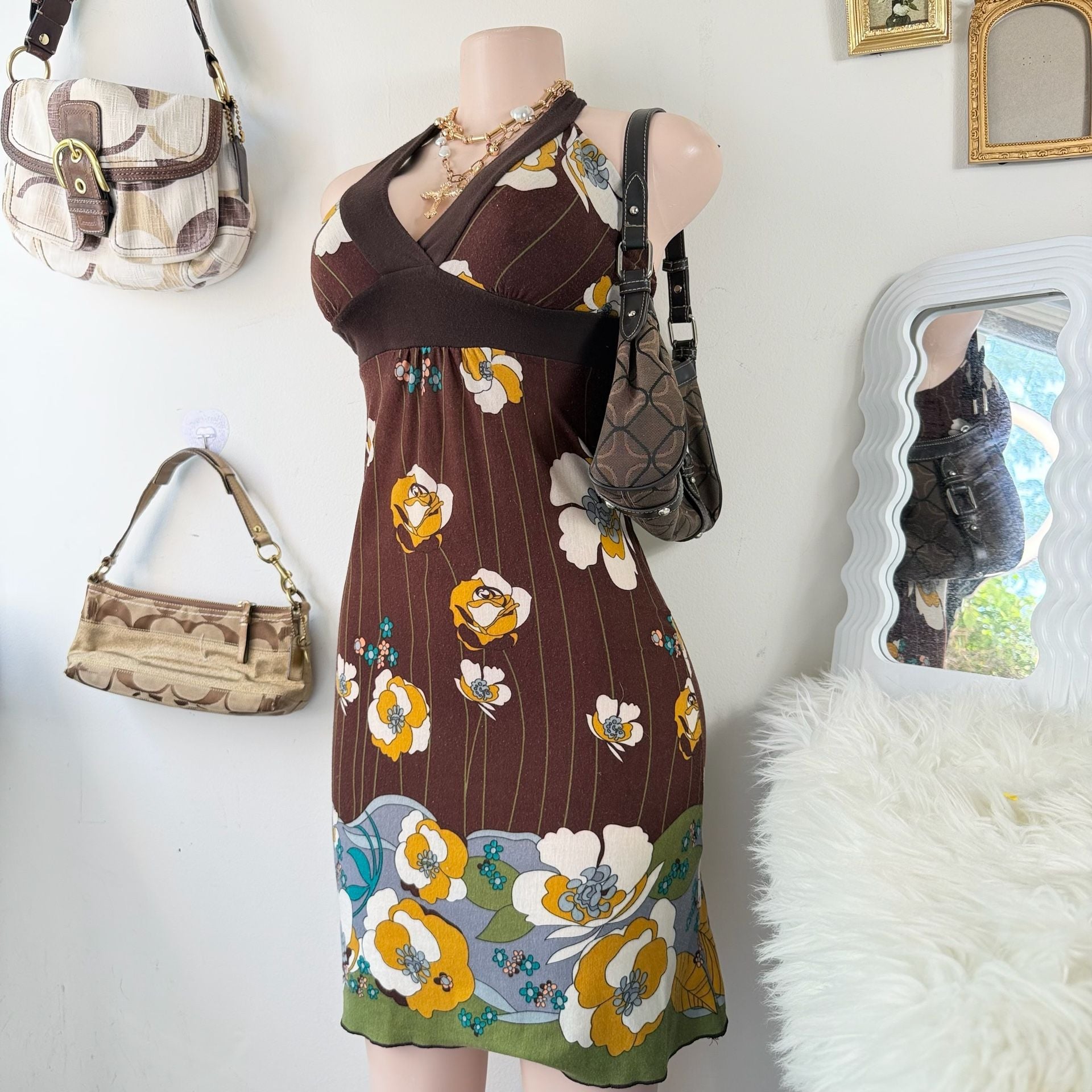 Y2K Brown Floral Halter Dress 3