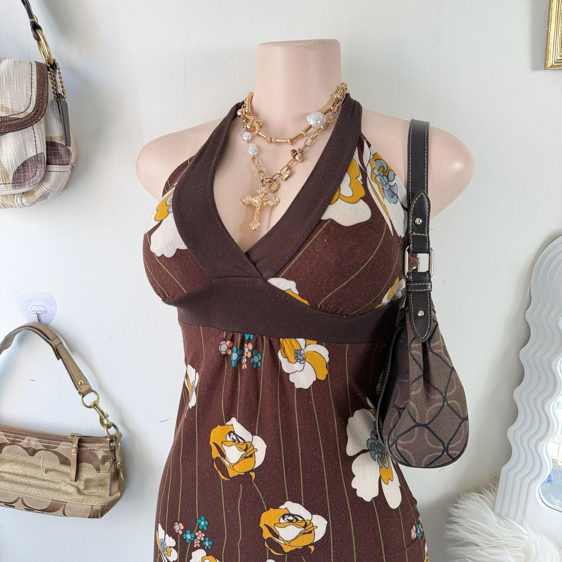 Y2K Brown Floral Halter Dress 4