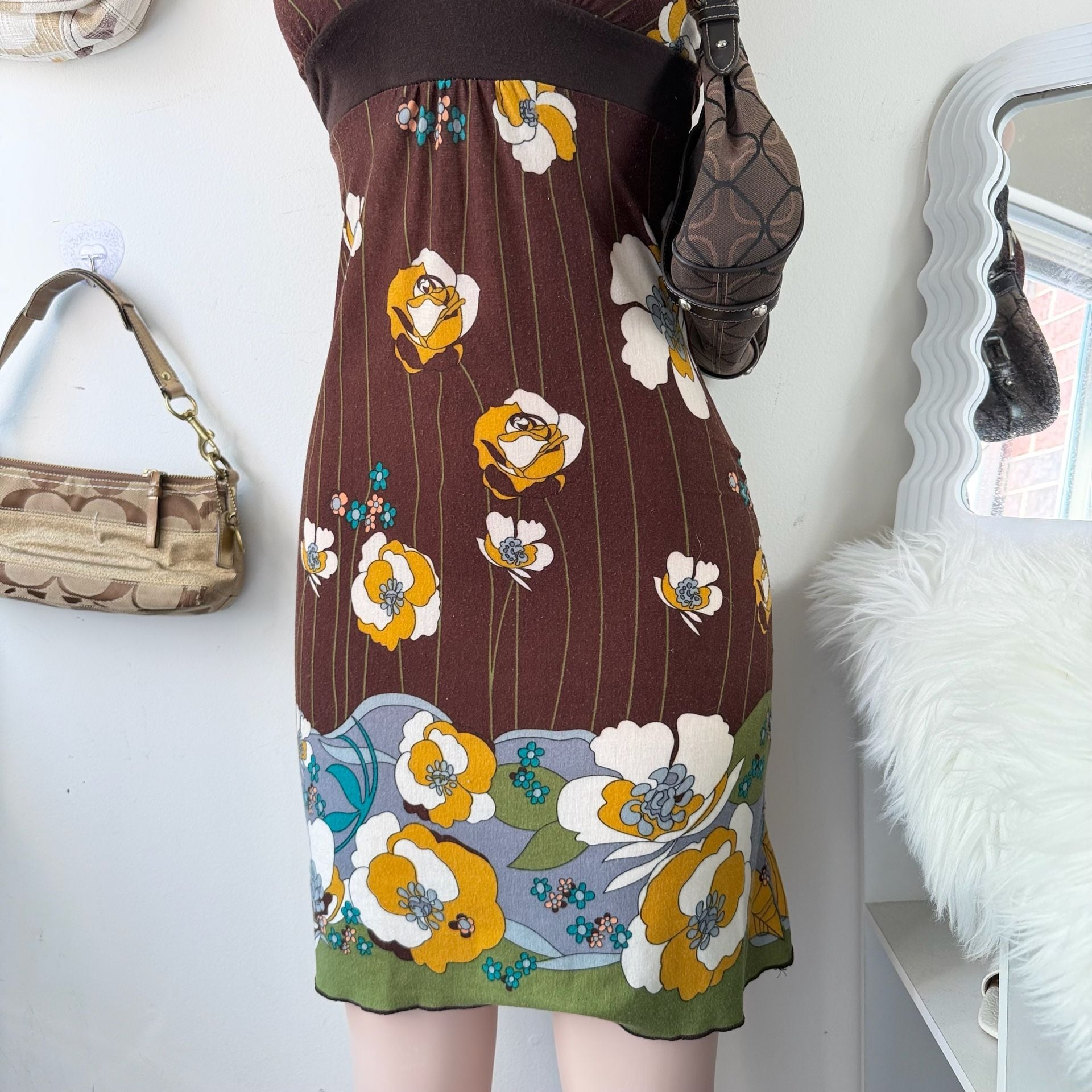 Y2K Brown Floral Halter Dress 5