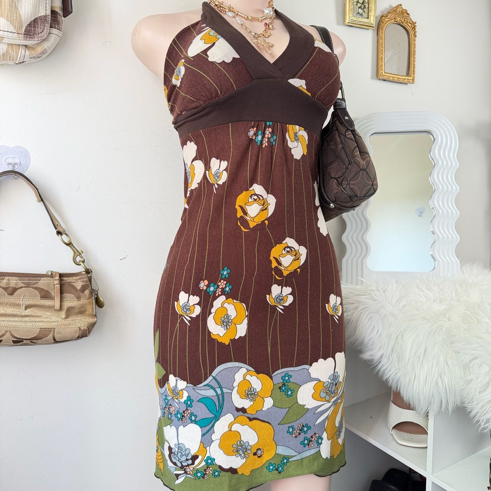 Y2K Brown Floral Halter Dress 6