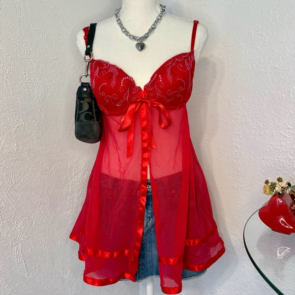 Inner Secrets Red Sheer Mesh Babydoll Lingerie with Embroidered Cups and Ribbon Tie