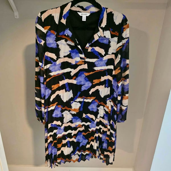 Nine West Multi-Color Abstract Print Long Sleeve Pleated Georgette Collar Dress