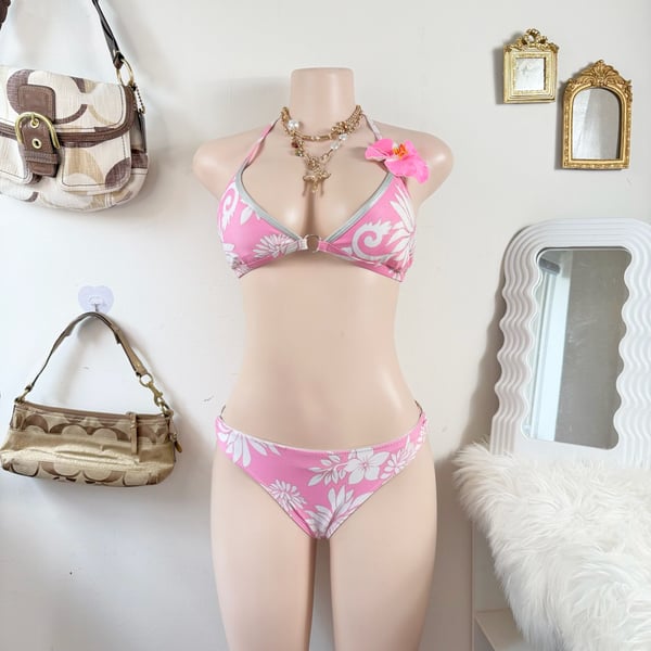 Y2K DEB Pink and White Floral Print Triangle Bikini Set 