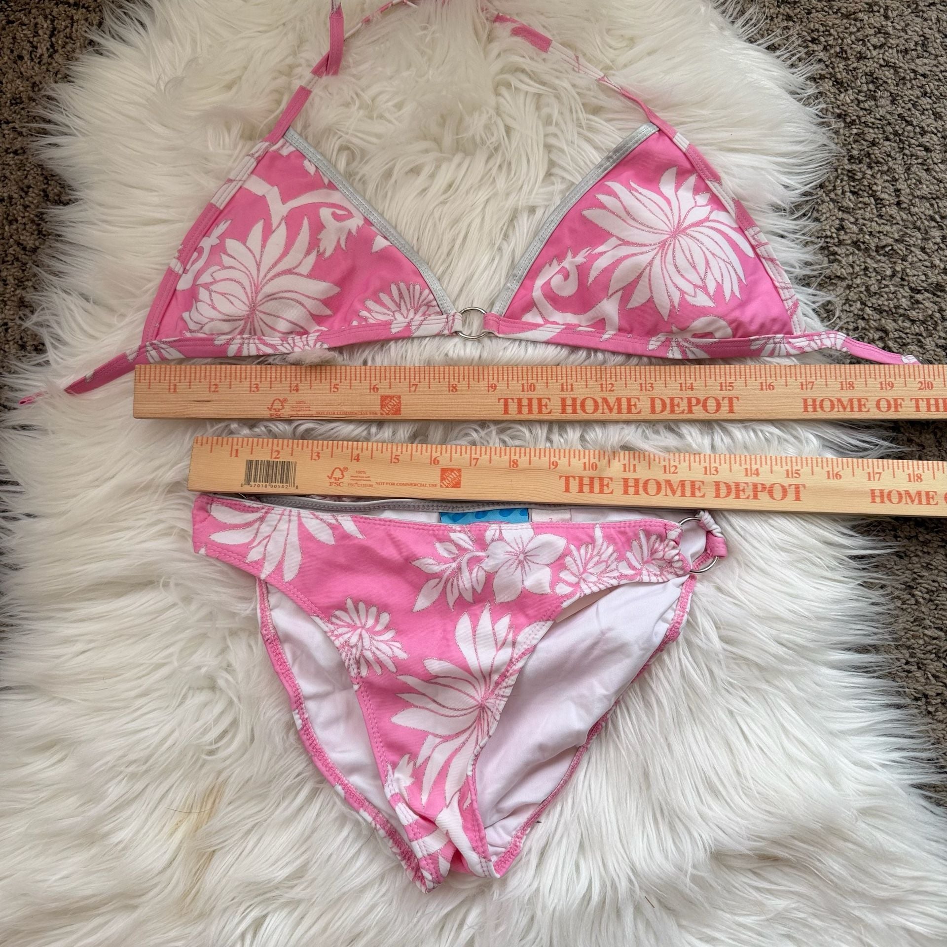 Y2K DEB Pink and White Floral Print Triangle Bikini Set  8