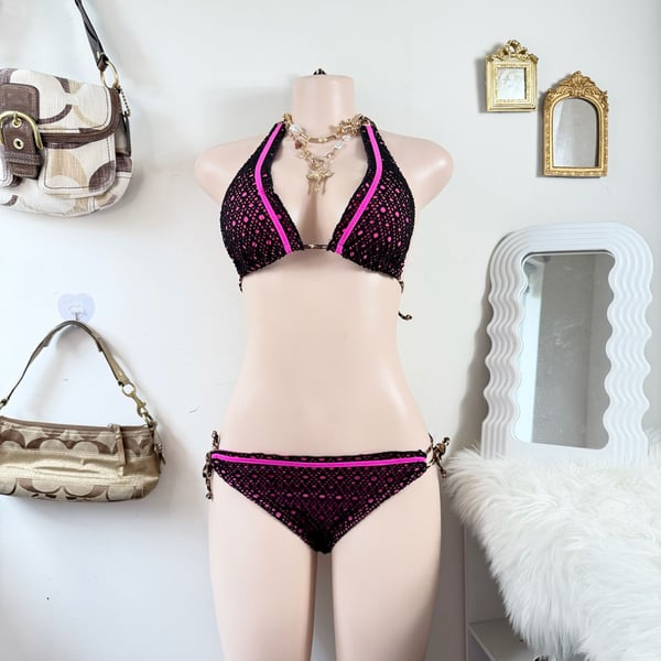 Arizona Jeans Co. Black and Hot Pink Crochet Bikini Set with Leopard Print Ties