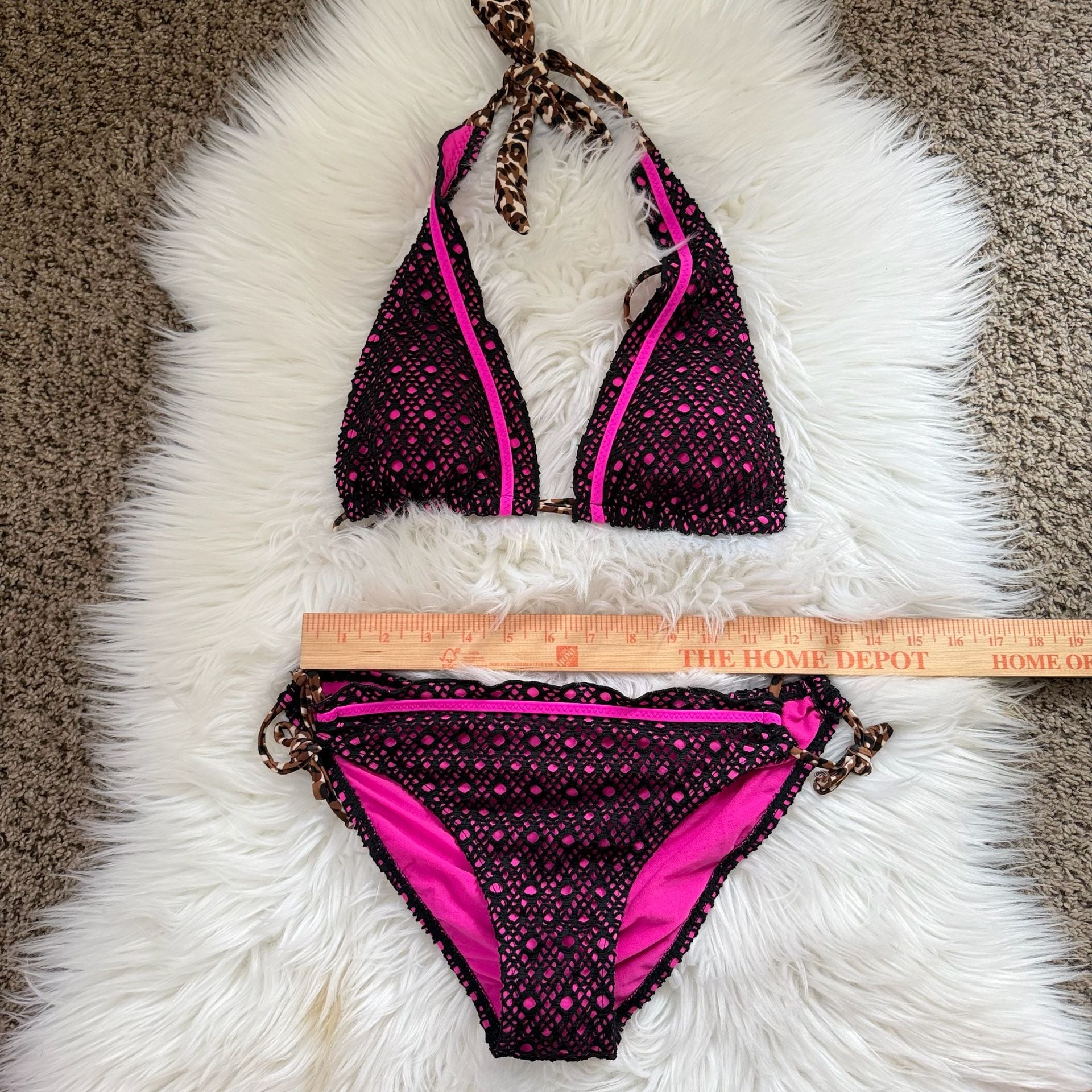 Arizona Jeans Co. Black and Hot Pink Crochet Bikini Set with Leopard Print Ties 7