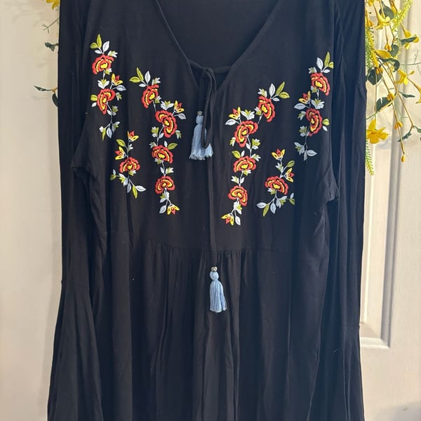 One World Live and Let Live Black Floral Embroidered Long Sleeve Tunic