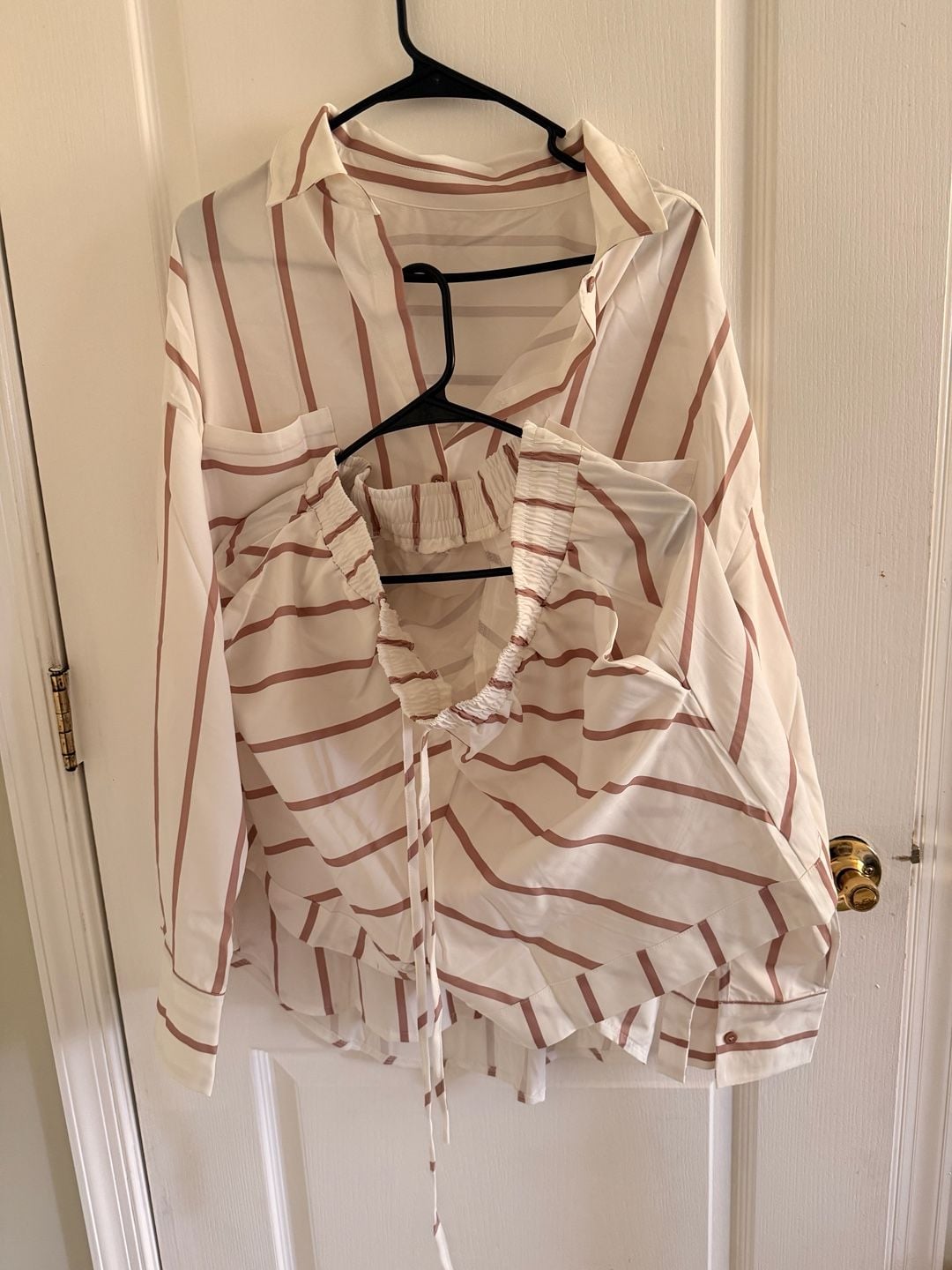 Tankaneo Womens 2 Piece Outfits Striped Long Sleeve Button Down Collared 5