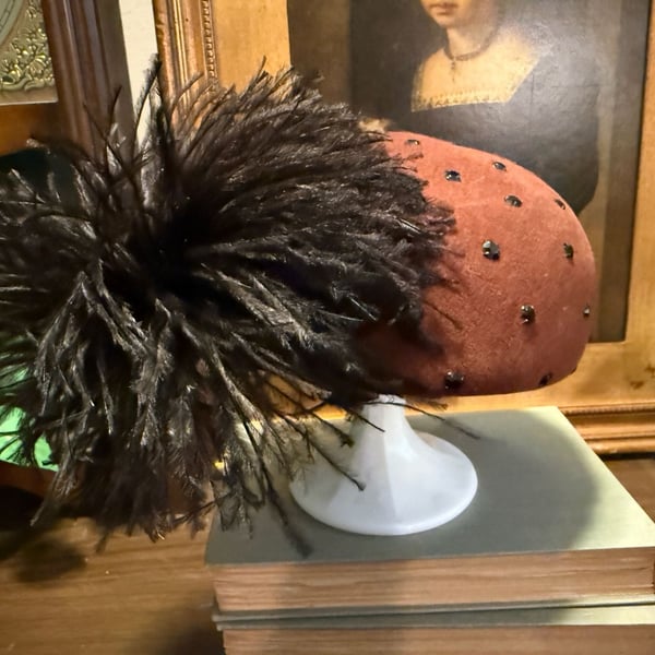Frank Olive Vintage 100% Wool Beaded Feather Hat by Geo. W. Bollman & Co.