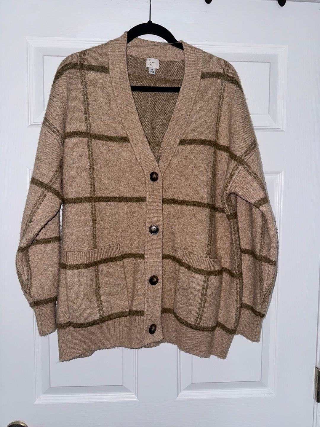 A New Day Women's Tan and Green Grid Pattern Button-Front Cardigan Sweater 2