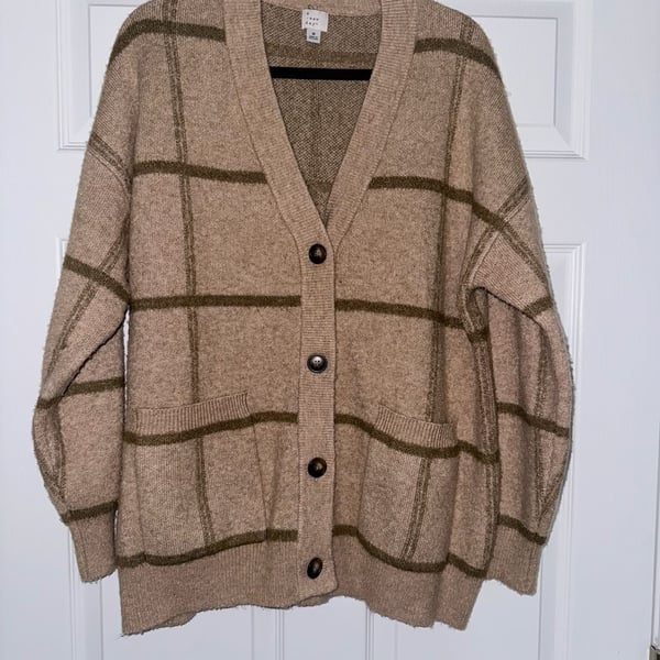 A New Day Women's Tan and Green Grid Pattern Button-Front Cardigan Sweater