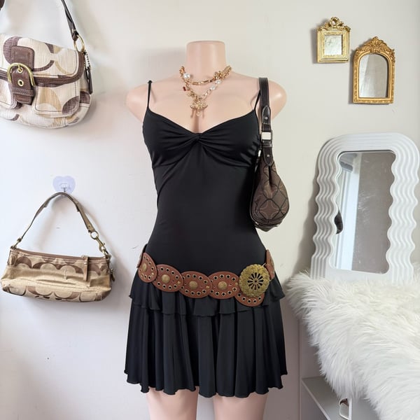 SLD Collection Vintage Black Spaghetti Strap Tiered Ruffle Mini Dress