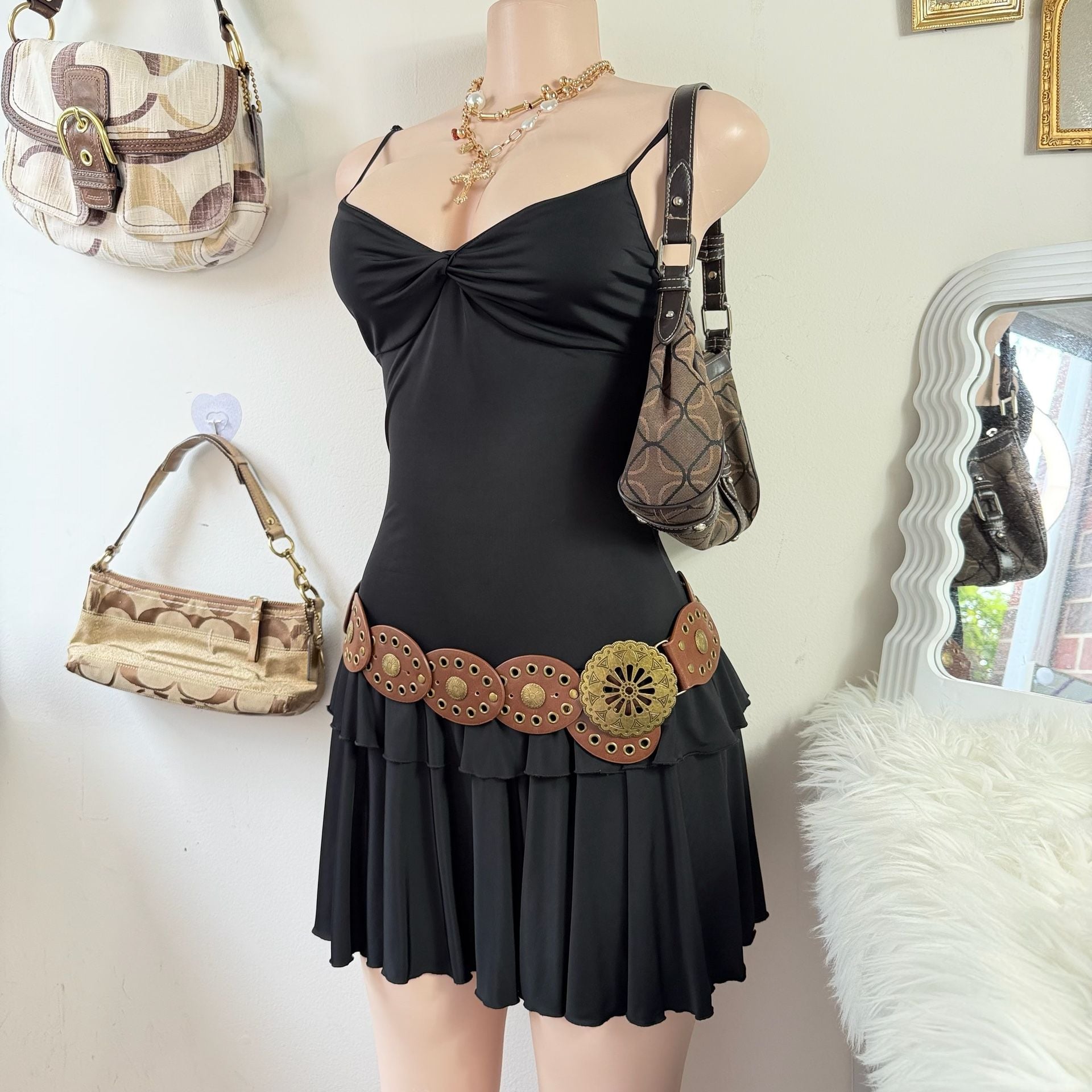 SLD Collection Vintage Black Spaghetti Strap Tiered Ruffle Mini Dress 3