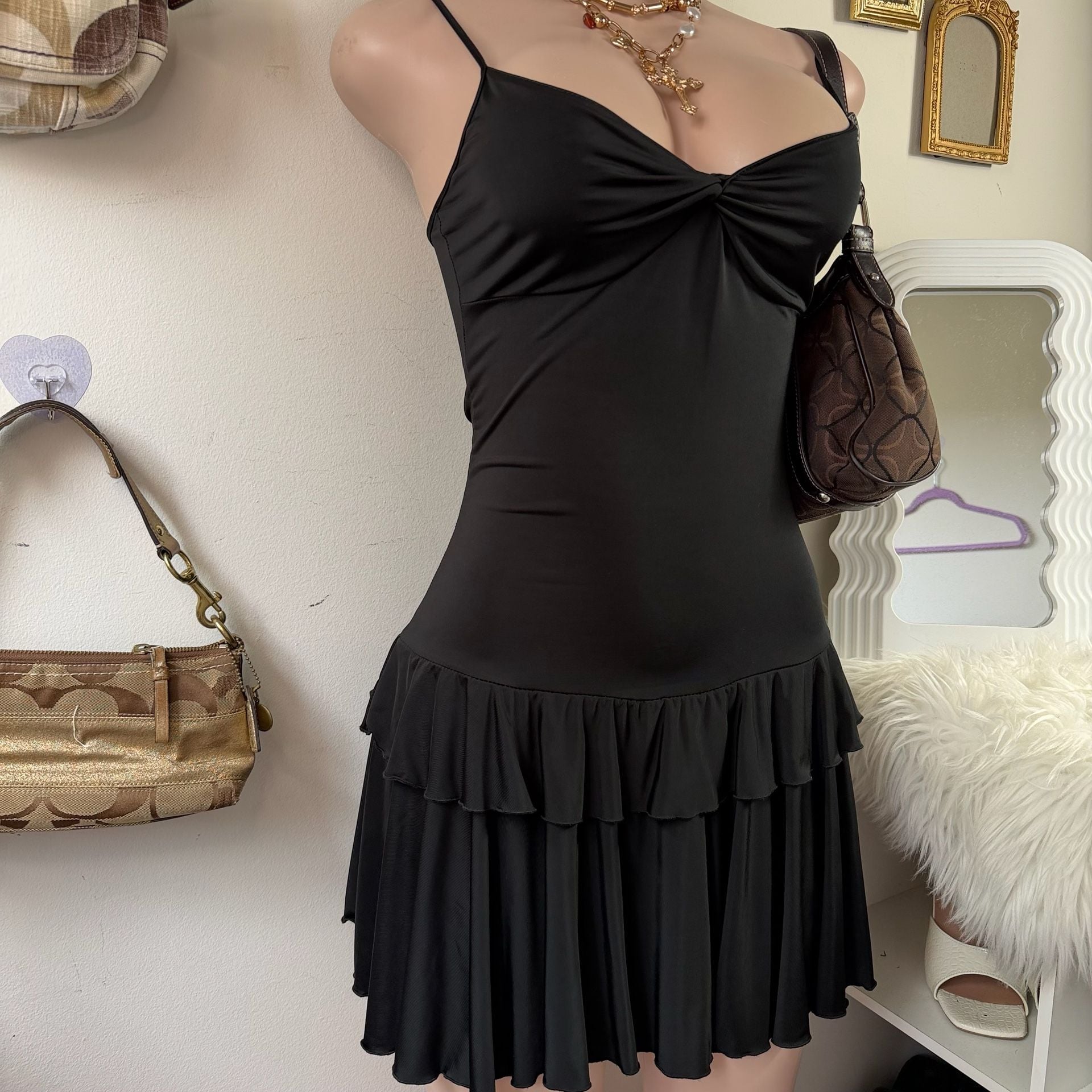 SLD Collection Vintage Black Spaghetti Strap Tiered Ruffle Mini Dress 5